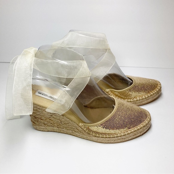 Steve Madden Boca Ankle Tie Gold Glitter Toe Rope Wedge - Picture 3 of 11